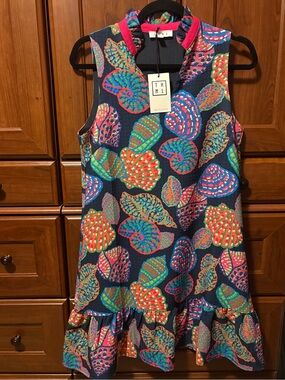 THML Navy Shell-Print Sleeveless Dress with Pink Trim
